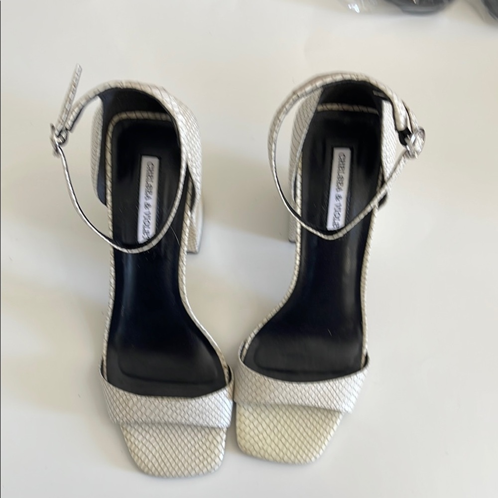 Chelsea & Violet White Textured 4 Inch Chunky High Heel Sandals - Picture 2 of 7